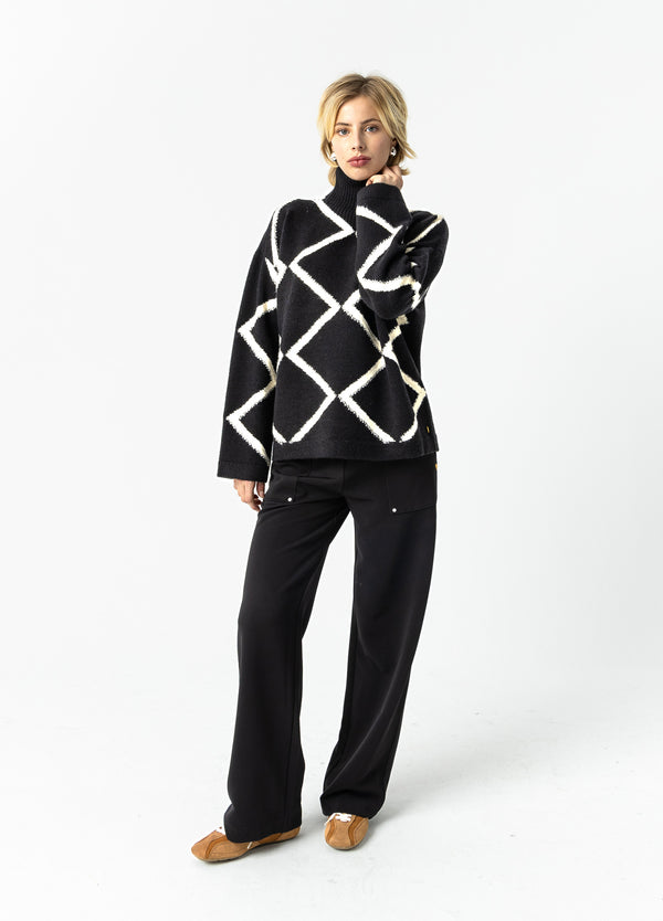 Coster Copenhagen HÖG HALS STICKAD TRÖJA Knitwear Black/creme stitch - 133