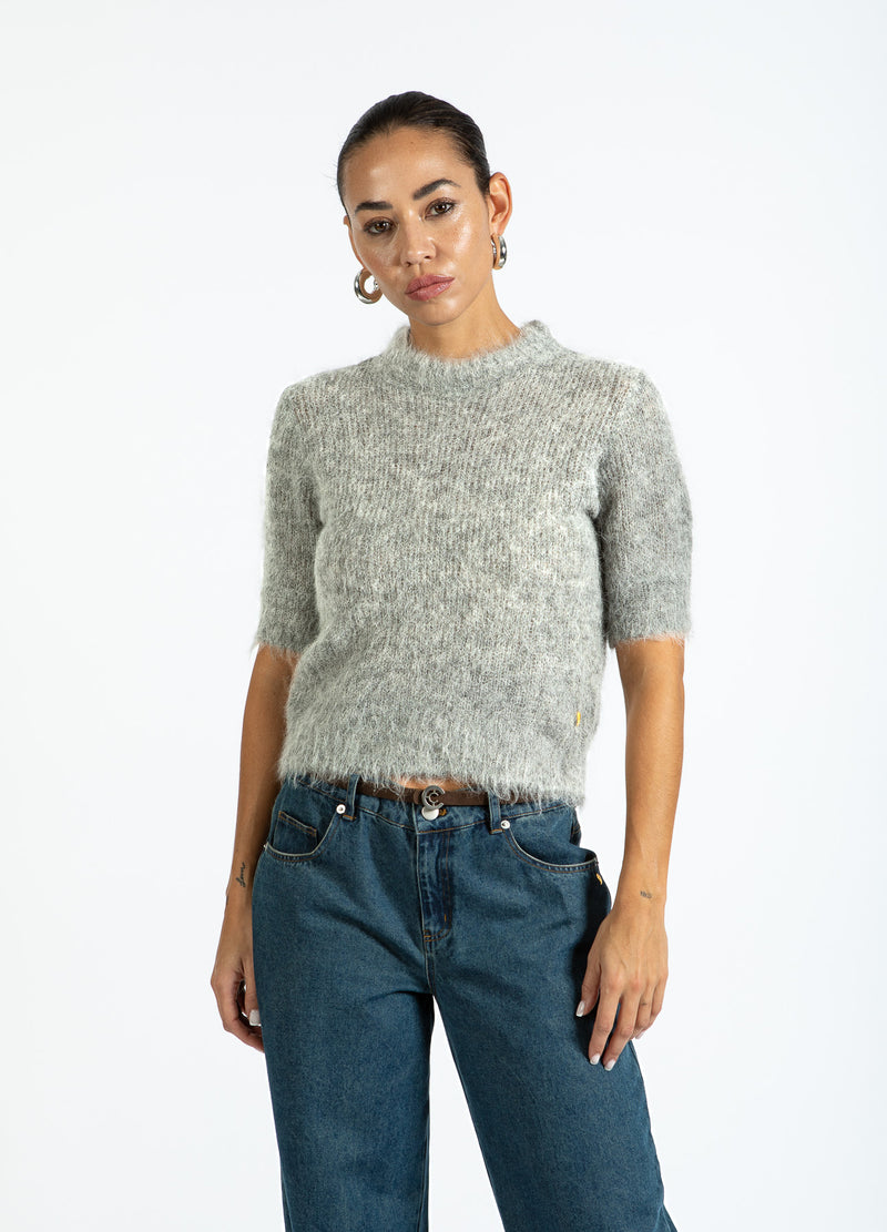 Coster Copenhagen Kortärmad stickad tröja i alpacka Knitwear Light grey melange - 129
